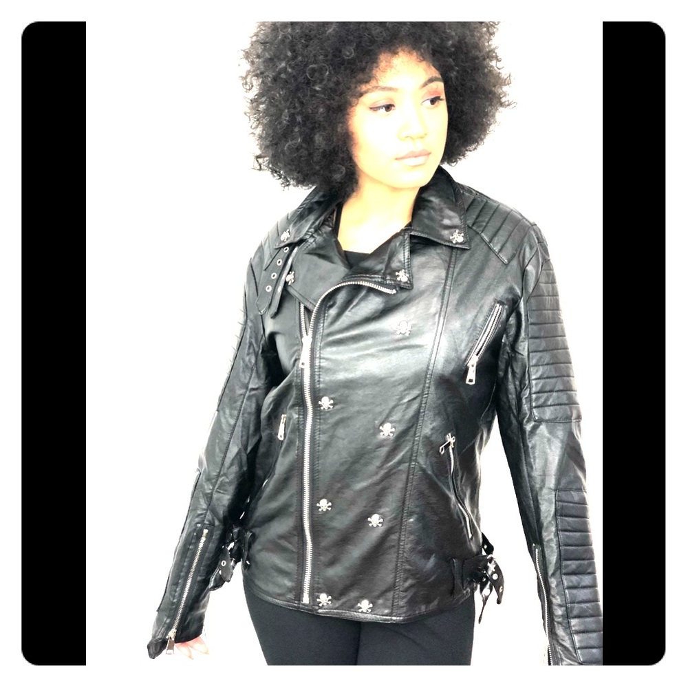 Black Faux Leather Moto Jacket w/ embellishments